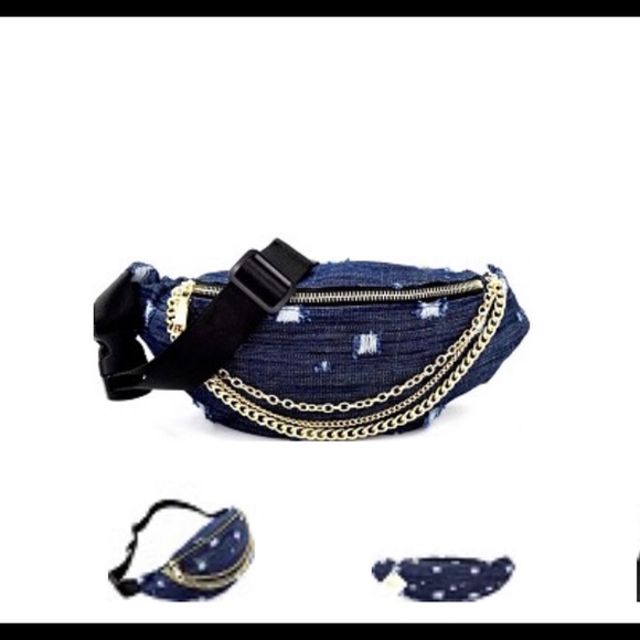Handbags - Frayed Dark Demin Fanny Pack With Chains